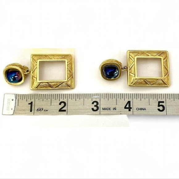 GIVENCHY Modernist Square Open Gold Frame Earrings & Blue Cabochon Stones - Picture 5 of 6